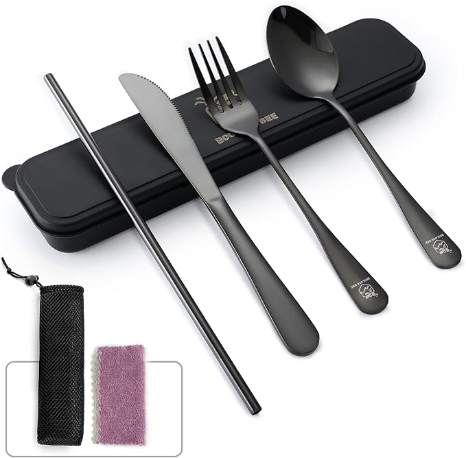 Boulder Bee | Travel Utensils Set | Reusable Camping Cutlery Set | Stainless Steel Flatware Set | Portable Silverware Set with Case | Includes Knife/Fork/Spoon/Straw/Cleaning Cloth/Case (Black)
