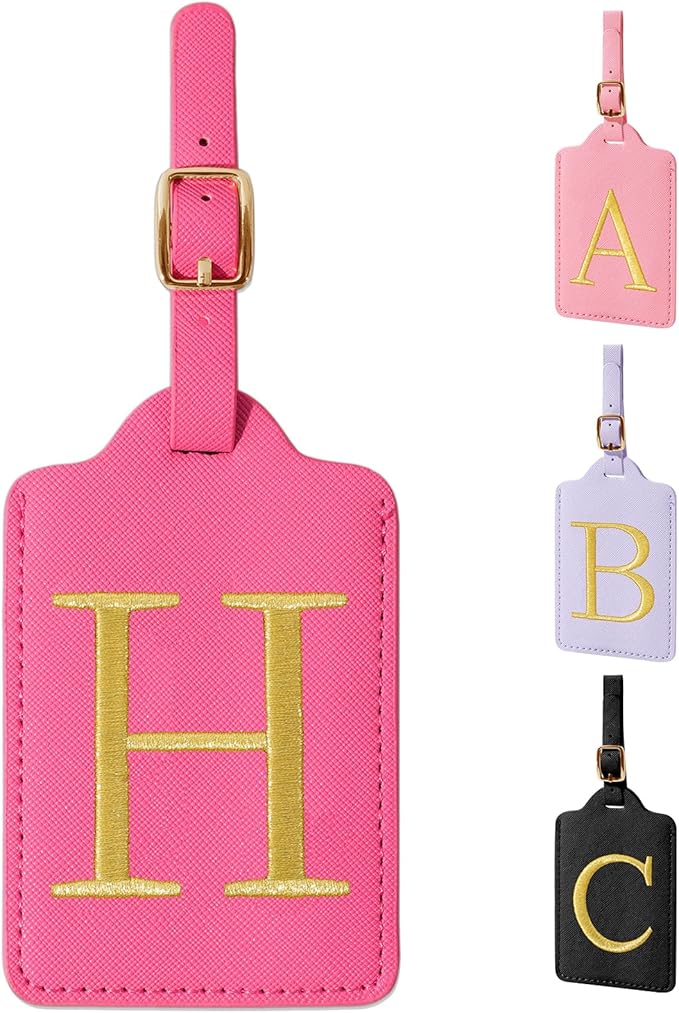 Personalized Initial Luggage Tags for Suitcase, Rose Red Leather Cute Luggage Tags with Privacy Cover Name Card, Embroidered Custom Monogram Luggage Tags Travel Backpack Tag Gifts for Women Kids(H)