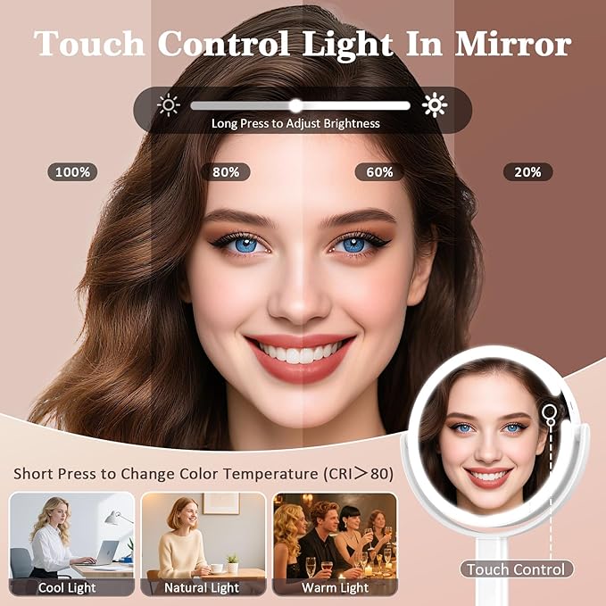 15X/1X Lighted Magnifying Mirror, 4000mAh Rechargeable Makeup Mirror with 3 Level LED Light, 360° Rotation 2 Sided Vanity Desk Mirror, Dimmable Adjustable Height Table Makeup Mirror Phone Stand