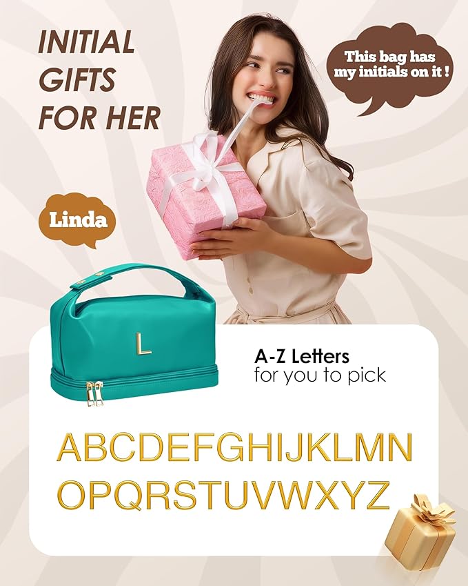Letter Gifts for Women Birthday, Monogrammed Makeup Bag with Handle, Initial Double Layer Cosmetic Bag with Makeup Brush Organizer, Cute Cosmetic Pouch for Women, Gift for Friends Female Mom