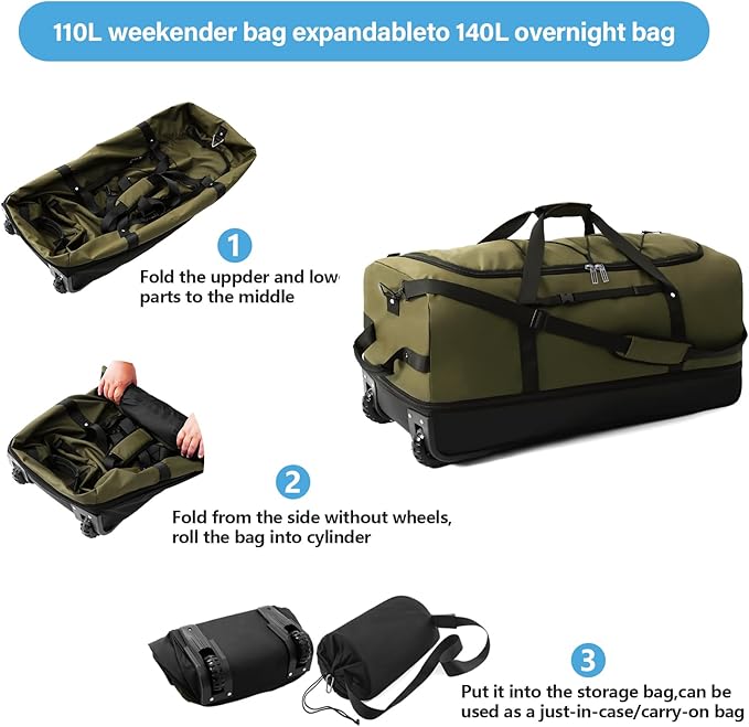 Vomgomfom Wheeled Collapsible Duffel Bag,110L-140L Expandable Checked Luggage, No-Telescopic-Handle with Anti-Burst Zipper & Reinforced Frame,Army Green