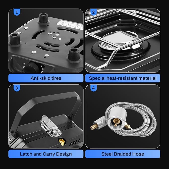 Adjustable 2 Burner Portable Camping Stove Propane (16000 BTU) with Camping Grill and Carrying Bag, Folding Propane Stove,Gas Camping Stove with Piezo Ignition for Camping, Backyard BBQ, Black