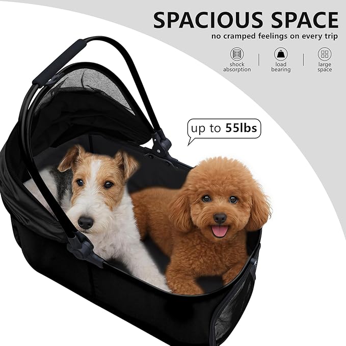 Dog Cat Stroller, Foldable 4 Wheels Dog Stroller for Small Medium Dogs 20 lbs,Pet Strollers for Large Dogs 50lbs, Stable Anti-Shock Detachble Carrier,with 360°Swiveling Front Wheel forTravel