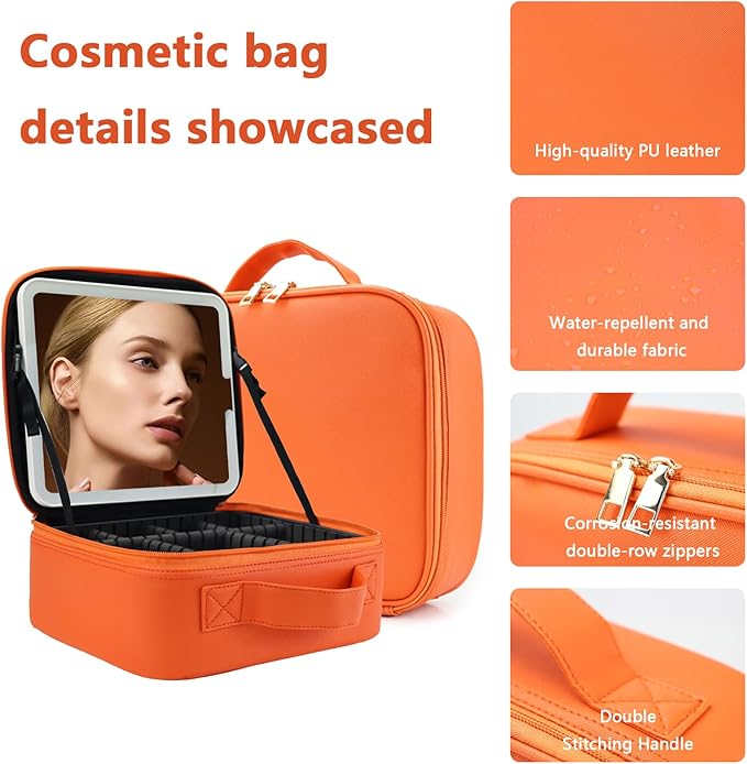 Travel Makeup Bag for Women and Makeup Artists Cosmetic Organizer Large Makeup Case,Travel Makeup Bag with Mirror 3 Color Setting,Portable Storage and Adjustable Dividers(orange)