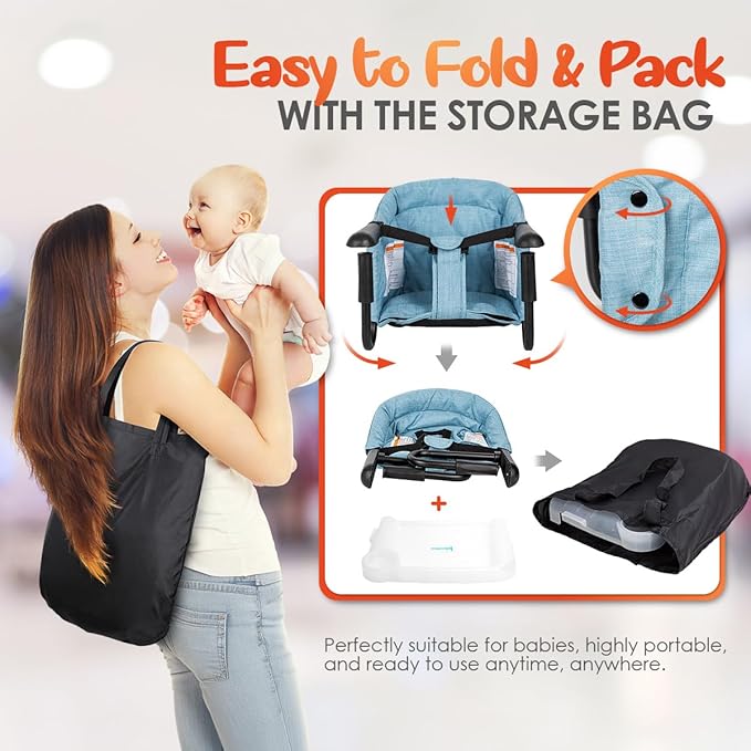 Hook On Chair with Removable Dining Tray,Portable Hook-On Chairs with Storage Bag,for Home and Travel(Sky Blue)