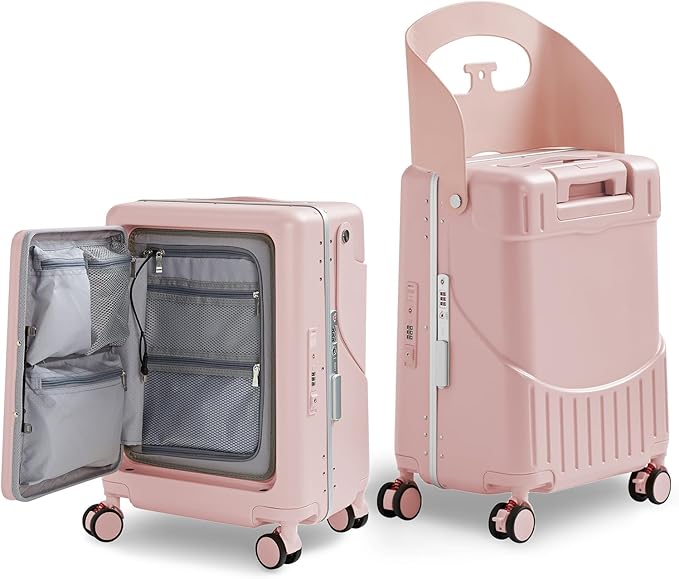 20 Inch Ride on Luggage With Seat For Kids&Adults,with Front Pocket, Foldable Seat Back TSA Approved Lock, 360° Spinner Wheels(20 inch,Pink)