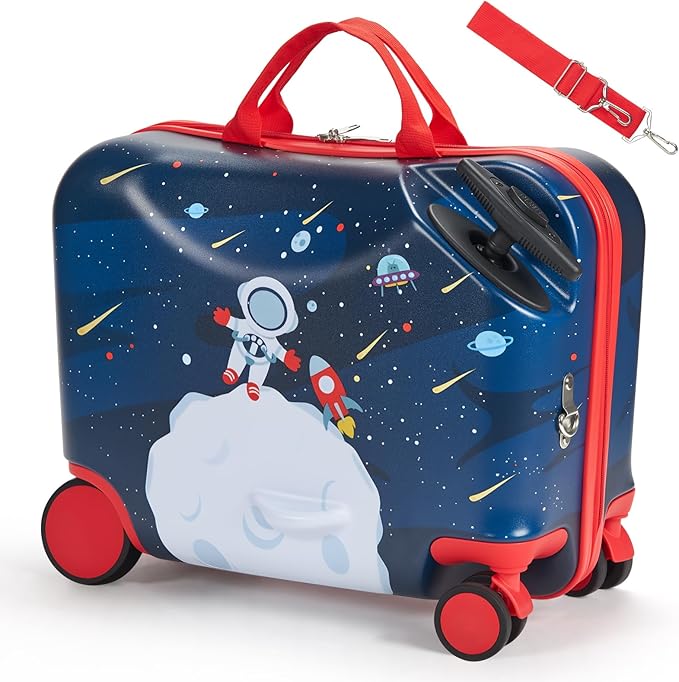 VEVOR Ride-on Luggage, 26 L Capacity, 18 Inches Tow Along Toddler Carry on Luggage with Wheels, Adjustable Shoulder Strap, Lightweight Kids Riding Suitcase for Boys & Girls Aged 3+, Blue & White