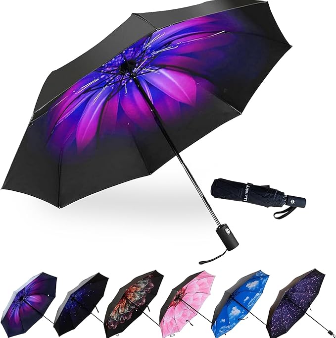 LLanxiry Compact Travel Umbrella, Mini Windproof Umbrellas for Rain & Sun, Small Lightweight Outdoor UV Umbrella, Portable Folding Umbrellas for Travel