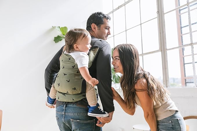 Baby Tula Lite Ripstop Nylon Compact Baby Carrier, Lightweight & Ergonomic Carrier for Travel w/Convenient Storage Hip Pouch, Multiple Carrying Positions for 12lbs to 30lbs - Soar (Olive Green/Birds)
