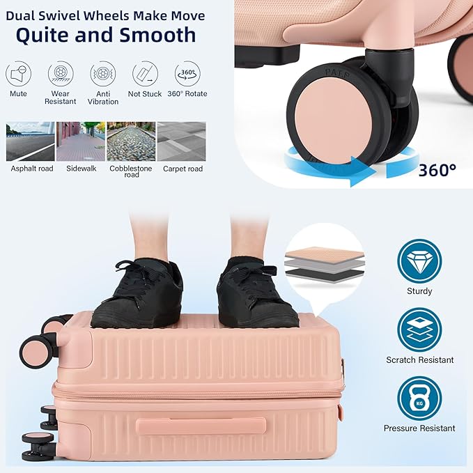 Hard Shell Suitcases Expandable Travel Luggage Sets 2 Piece, Carry on and Check in Luggage Lightweight Suitcase Set 2 Piece with Wheels Cup Holder Charger Built in (Pink, 20/28)