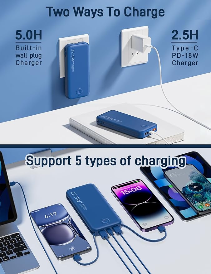 Portable Charger with Built in Cable and AC Wall Plug, USB C Power Bank 12000mAh 22.5W Super Fast Charging, Lightweight Portable Phone Charger Travel Battery Pack for iPhone, Samsung, Tablets (Navy)