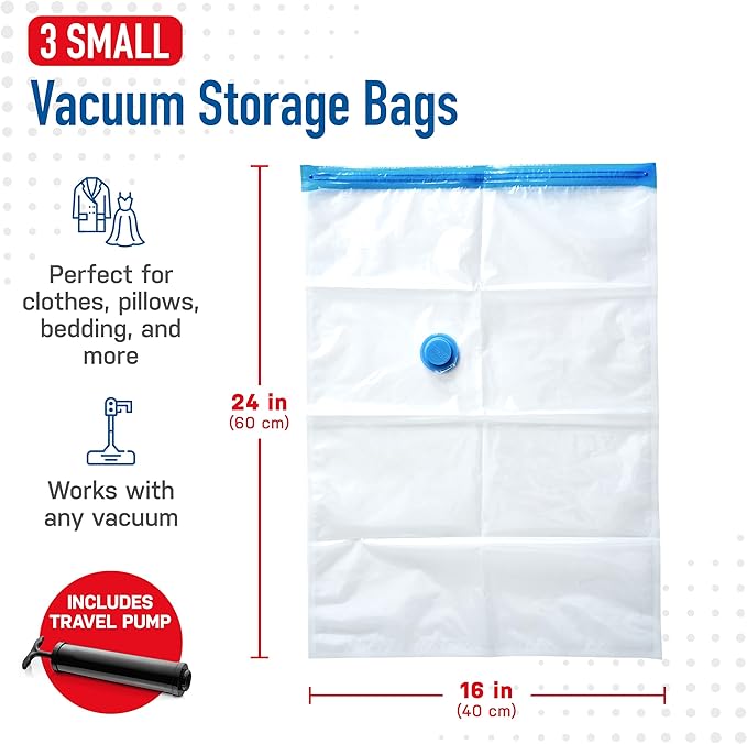 3 Pack Small Vacuum Storage Bags for Comforters, Blankets & Clothes – Vacuum Sealed Compression Bags with Hand Pump – Space Saver Storage Bags for Bedding, Moving, Travel & Organization