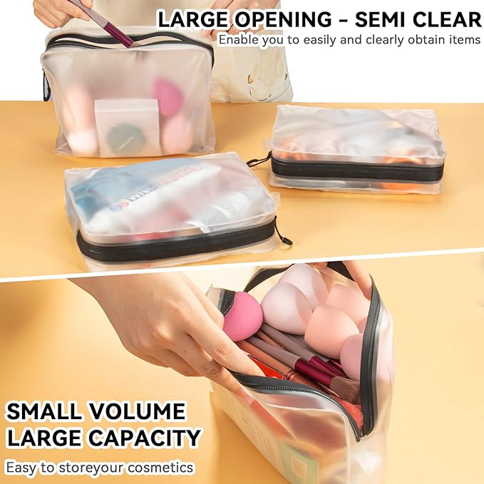 Qbily Clear Leak Proof Travel Bags for Toiletries 3 Pack, Super Soft Waterproof Leak Proof BPA Free, Semi-Clear Toiletry Cosmetic Makeup Bags for Travel, TSA Approved Travel Toiletry Bag With Zipper