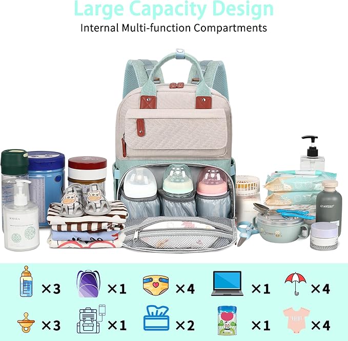 Diaper Bag Backpack, Baby Diaper Bag for Girls Boys, Multipurpose Baby Backpack for Women, Large Baby Essentials Travel Bag with Insulated Pockets and Stroller Straps