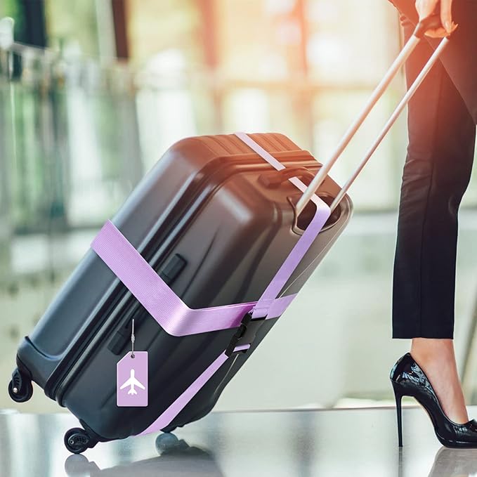 Weewooday 8 Pcs Luggage Straps Suitcase Tags Set for TSA Approved, 4 Travel Adjustable Suitcase Belt, 4 Silicone Luggage Tags with Name ID Card Travel Accessories(Light Purple,Airplane)