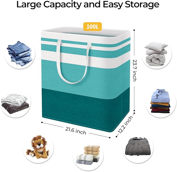 HomeHacks 2-Pack Large Laundry Basket, Waterproof, Freestanding Laundry Hamper, Collapsible Tall Clothes Hamper with Extended Handles for Clothes Toys in the Dorm and Family (Green, 100L)