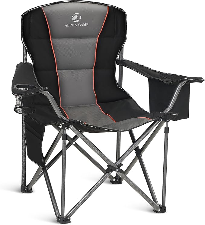 ALPHA CAMP Oversized Camping Chair Heavy Duty Lawn Chair with Cooler Bag Support 450 LBS Steel Frame Collapsible Padded Arm Quad Lumbar Back Folding Chair for Lawn Outdoor