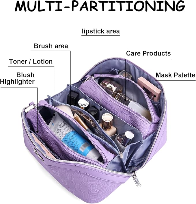 BOYATU Travel Makeup Bag for Women: Cosmetic Organizer Bag with Compartments - Leather Make up Bags Set of 3 (Purple)