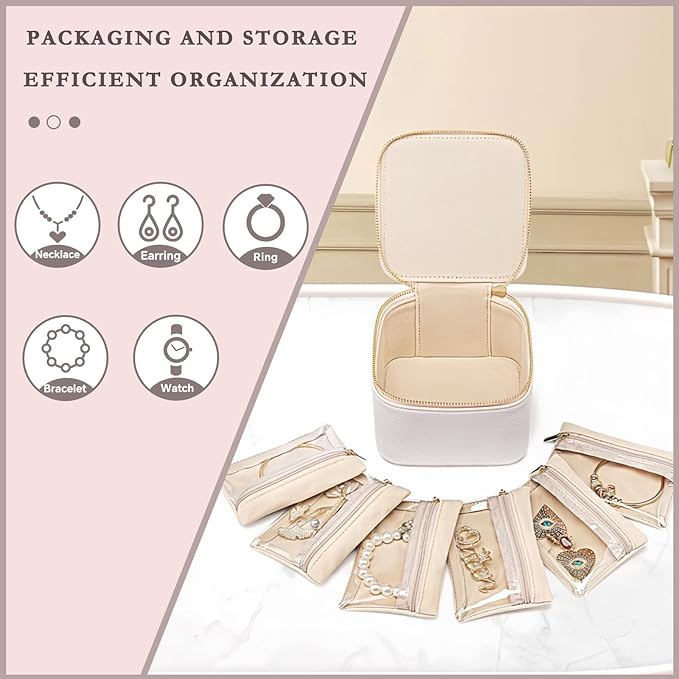 Jewelry Box Organizer for Women,Small Jewelry Travel Case,Leather Travel Jewelry Organizer with 6 Velvet Jewelry Zipper Pouches, Jewelry Organizer for Graduation Wedding Gift(Off White)