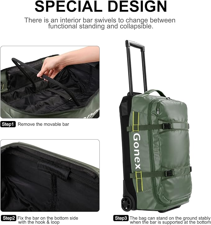 Gonex Rolling Duffle Bag with Wheels, 70L Water Repellent Wheeled Travel Duffel Luggage with Rollers 25 inch, Olive Green