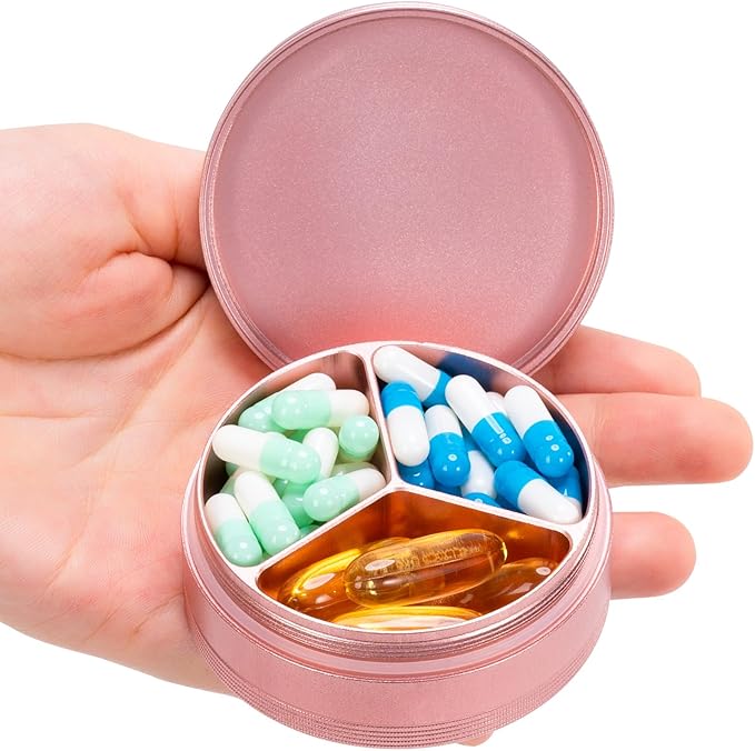 Metal Travel Pill Box 3 Compartment - Small Waterproof Pill Container Portable Daily Pill Case Pink Pocket Purse Medicine Organizer Holder for Medication Vitamins Fish Oils