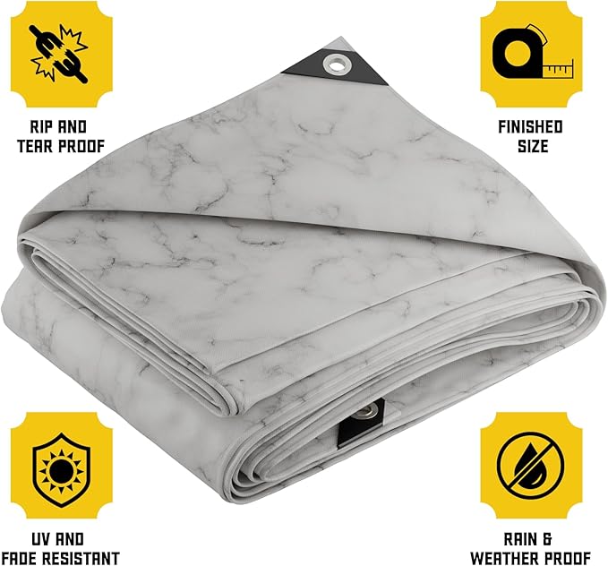 Core Tarps Extreme Heavy Duty 20 Mil Tarp Cover, Waterproof, UV Resistant, Rip and Tear Proof, Poly Tarpaulin with Reinforced Edges for Roof, Camping, Patio, Pool, Boat (Marble/White 50′ X 50′)