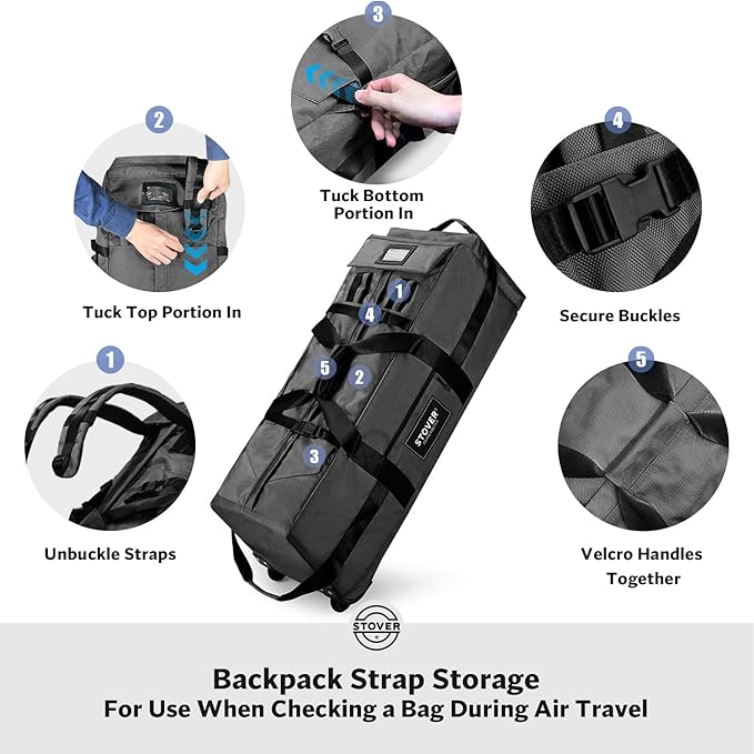 STOVER 100L Rolling Duffel Bag with Wheels, X-Large 32 Inch Durable Travel Duffle + Toiletry Bag, Heavy Duty, Packable w/Shoulder Straps- Use as Luggage or Backpack, Men/Women (Black)