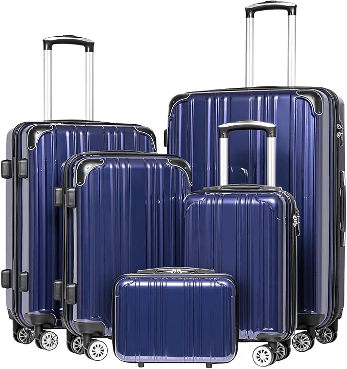 Coolife Luggage Expandable 5 Piece Sets PC+ABS Spinner Suitcase 20 inch 24 inch 28 inch (navy new)