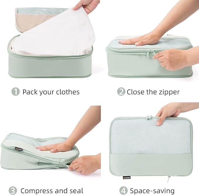 4 Piece Compression Packing Cubes for Suitcases and Backpack, Lightweight Travel Organizers (Light Green)