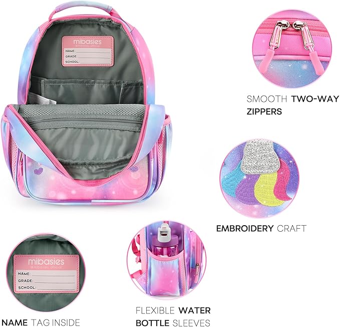 mibasies Girls Backpack for Elementary School, Kids Backpack for Girls 5-8 Unicorn Bangs