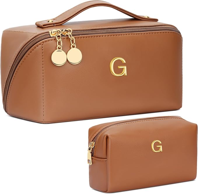 Birthday Gifts for Women Teen Girl, Personalized Initial Makeup Organizer Bag Set, Open Flat Travel Cosmetic Bag With Clear Divider and Handle(Brown,G)