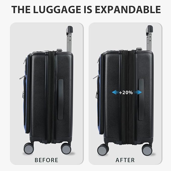 KROSER Hardside Expandable Carry On Luggage 22x14x9 Airline Approved With Front Business Pockets, 20 Inch Suitcases with Wheels, Carry on Suitcase with TSA Lock & USB Port, Black-Haze Blue