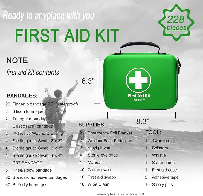 SHBC Waterproof First Aid Kit (228pcs) with All Basic or Advanced Supplies You Need. Suitable for Emergencies at Home or Outside, Travel, Home, Camping, Green