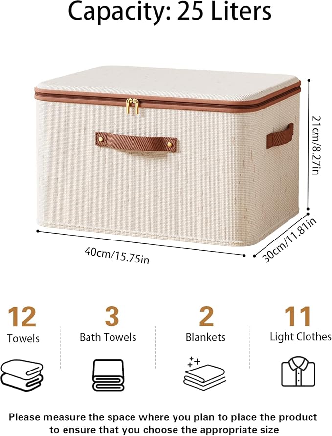 Tuza 3 Pcs Rigid Storage Bins with Zipper Lid, Cotton Linen Fabric Storage Boxes, Foldable Shelves Clothes Storage Cubes with Handles for Wardrobe, Closet(Beige, 25L)