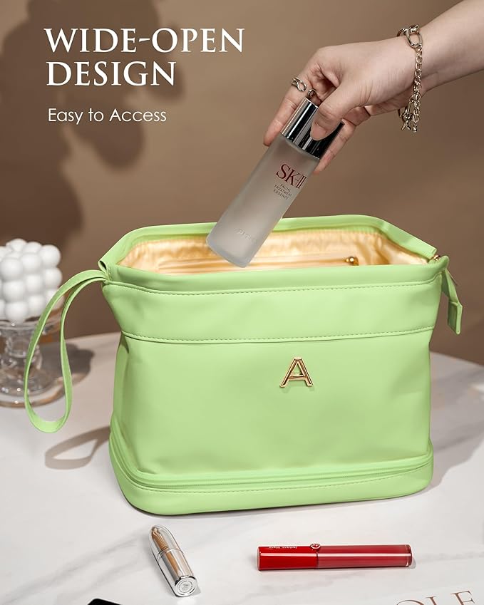 Gifts for Teen Girls 16-18, Initial Large Makeup Bag, Bride To Be Gifts, Double Layer Cosmetic Bag, Waterproof PU Travel Toiletry Bag for Bachelorette Party Women Wedding Bridal, Bride Gifts