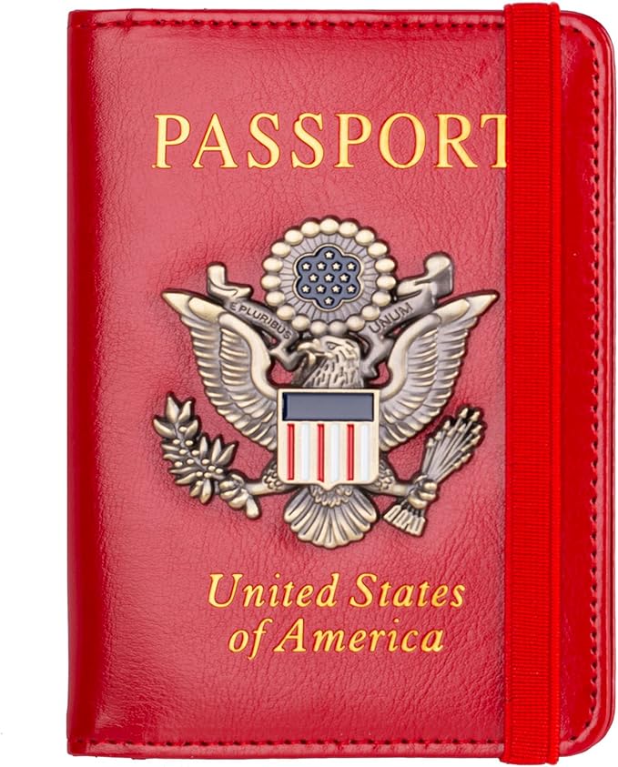 TOURSUIT Rfid Blocking Passport Holder for Women Men, Leather Passport Travel Wallet with Metal 3D Metal Badge, Travel Document Holder Cover Accessories (Red)