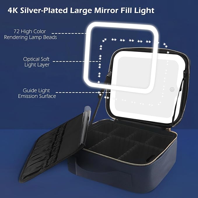 MOMIRA Travel Makeup Bag Cosmetic Bag Makeup Organizer Bag with Lighted Mirror, Adjustable Brightness in 3 Color Scenarios, Waterproof Makeup Train Case, Gift for Women - Royal Blue