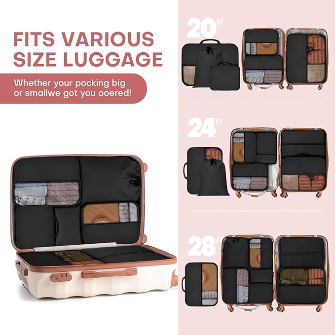 8 PCS Compression Packing Cubes for Travel Women, Compression Organizer for Luggage Space Saving Travel Essentials and Carry on, Luggage Organizer Bags for Suitcase - Black