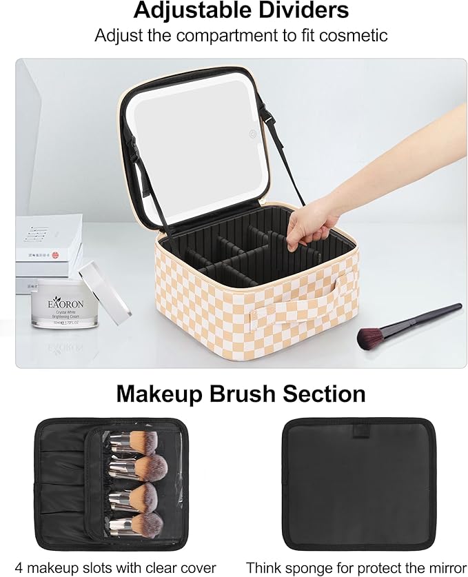 Chomeiu Makeup Bag with LED Mirror, Travel Makeup Case for Women and Makeup Artists Cosmetic Organizer Large Make Up Bags with Light Up Mirror, 3 Color Lights, Adjustable Dividers, Light Checkerboard