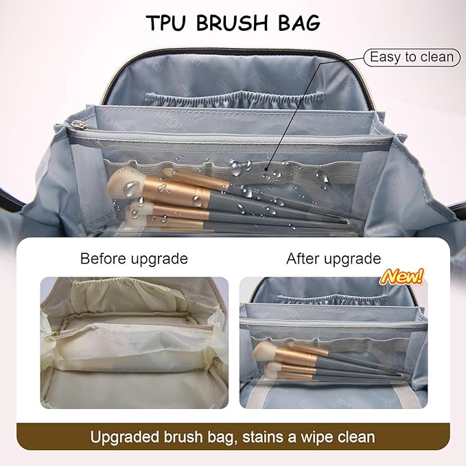 BOYATU Travel Makeup Bag Organizer Cosmetic Bag: 3 Pcs Set Make up Bags for Women with Handle - Waterproof Vegan Leather Toiletry Bags with Comparments (D-03-Black)