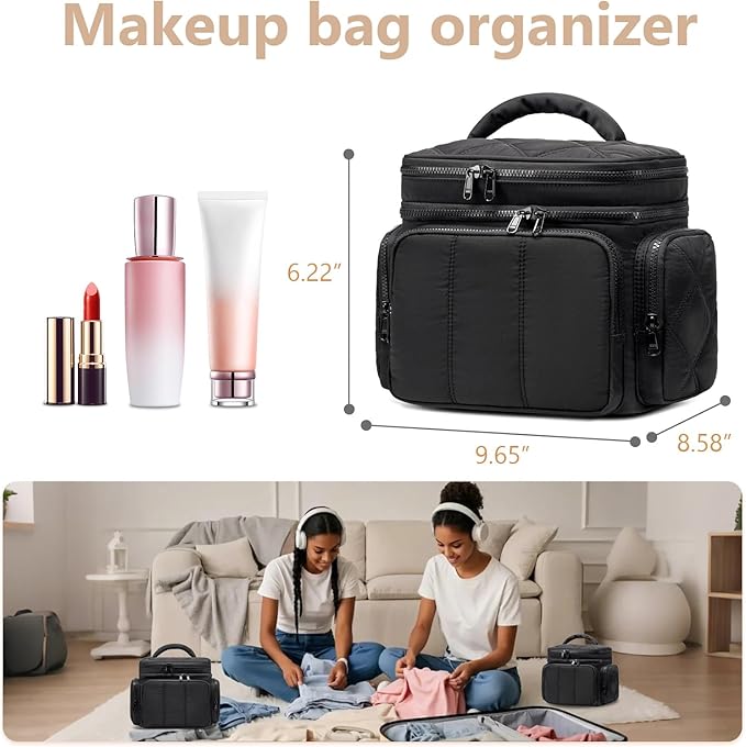 LEDAOU Toiletry Bag for Women,Quilted Travel Makeup Bag Organizer with Double Deck, Large Wide-open Cosmetic Make up Bag for Travel Essentials (Black Puffy)