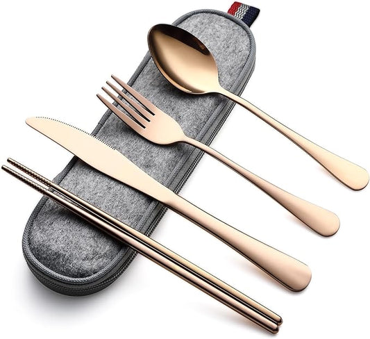 DEVICO Camping Utensils, Portable Travel Utensils with Case, Stainless Steel Reusable Silverware for Lunch Adult, 5Pcs Cutlery Set Includes Knife Spoon Fork Chopsticks and Case (Rose Gold)