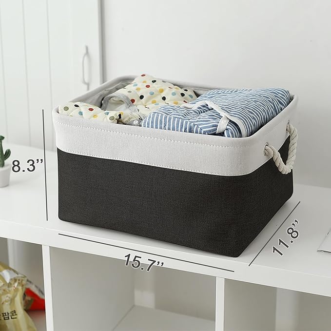 TheWarmHome Storage Basket for Organizing - Large 3 Pack 15.7x11.8x8.3 inch Collapsible Storage Bin for Shelves with Handles Laundry Cube Toy Closet Nursery (Whiet & Black)