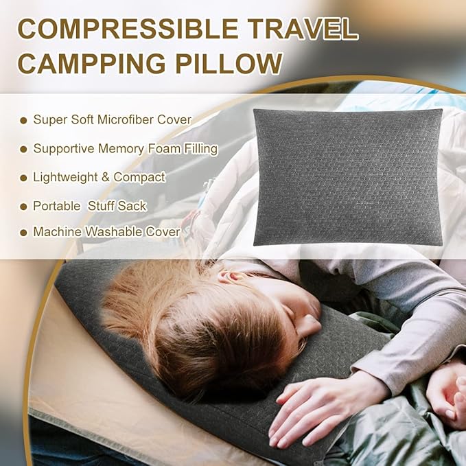 Ivellow Memory Foam Travel Pillow Compressible Camping Pillow for Sleeping Shredded Memory Foam Pillow Compact Firm Supportive Travel Pillow for Adults Kids Outdoor Backpacking Hiking Essential Gear-S
