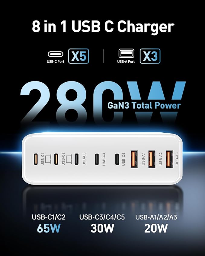 280W USB C Charger Block, 8-Port USB C Charging Station GaN III PD 65W Laptop Charger Adapter Compatible with MacBookPro/Air,DELL,iPad,Portable Charging Station for iPhone,Samsung Galaxy (White)