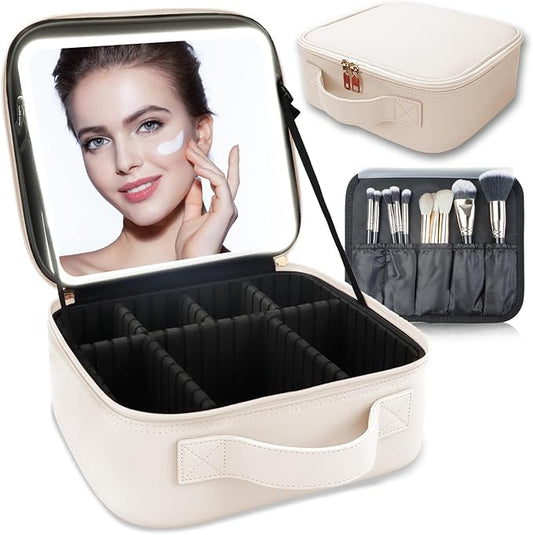 Makeup Bag with Led Mirror,Travel Makeup Organizer with 3 Color Setting, Portable Storage and Adjustable Dividers Travel Makeup Bag(White)