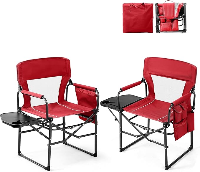 VINGLI Camping Chairs, Directors Chair, Camping Chair with Side Table & Carry Bag，Heavy Duty Camping Chairs for Adults,Portable Folding Camping Chair 2 Pack, for Beach, Fishing,Trip,Picnic,Lawn-Red