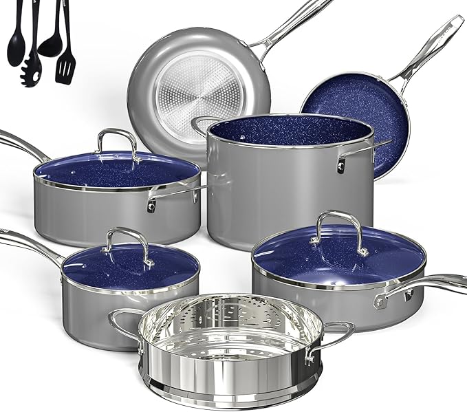 Deluxe DUXANO 14PC Healthy Pots and Pan With 9H Anti-scratch Coating, 2-Layer Non-Stick Ceramic&PFAS Free, Sensitively&Evenly Induction Cooking, Enhanced Flavor with Infrared Cookware, Dishwasher Safe