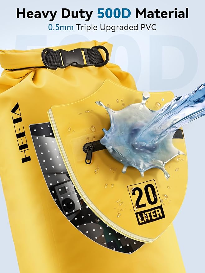 HEETA Waterproof Dry Bag with Front Zippered Pocket for Women Men, 5L/10L/20L/30L/40L Roll Top Lightweight Dry Storage Bag Backpack for Travel, Kayaking, Boating, Rafting, Camping, Hiking & Beach