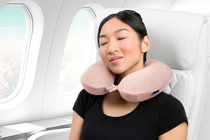 Brookstone Travel Neck Pillow - Lightweight Fleece Casing U-Shaped Stuffable Memory Foam Travel Pillow for Sleeping and Neck Support, Soft Pink